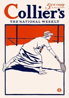 Illustration by Edward Penfield: tennis player in motion with a retro vibe