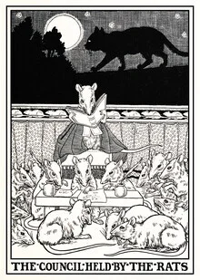 Illustration by Percy J. Billinghurst: rats gathered for a council