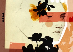 Illustration of a woman in soft watercolors, exuding calm and contentment.
