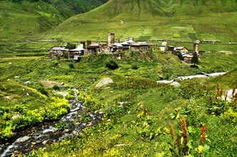 Photo art by Victoria Knobloch: traditional mountain village in Georgia during summer