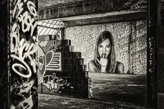Photo art by Franzel Drepper: graffiti on neo-Gothic architecture at Berlin's Teufelsberg