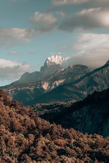 Photo art by Eva Stadler: rocks and tree line in the French Alps during autumn.