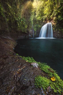 Waterfall in Guadeloupe: gently flowing water surrounded by lush jungle