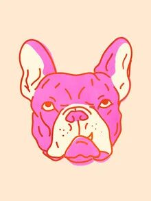 Wall art featuring a lively bulldog in bright pink with a friendly expression.