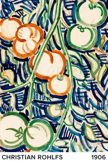 Wall art featuring a drooping branch with red and green tomatoes, soft colors and a calm mood.