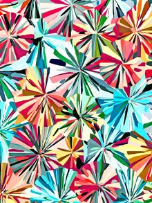 Abstract illustration by Uma Gokhale: colorful paper fans in a cheerful pattern