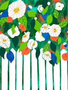 Illustration by Uma Gokhale: serene scene with a white picket fence and colorful flowers