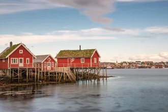 Photo art by Sebastian Worm: fisherman's cottages by the calm Norwegian coast