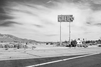 Wall art by Roman Becker: scene with a café sign on Route 66