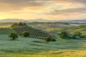 Photo art by Michael Valjak: Tuscany in early morning light with gentle hills.