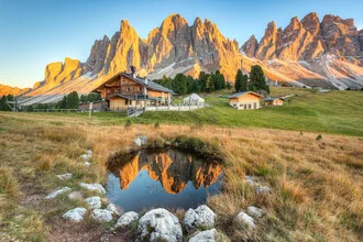 Photo art by Michael Valjak: Geisleralm in Villnöss valley with mountain peaks and calm pond