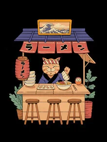 Illustration eines Neko Ramen Hauses mit einer Katze in einem japanischen Retro-Stil.