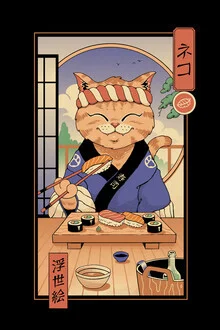 Illustration of a Sushi Cat in Edo, cheerful and playful, in a retro 80s style.