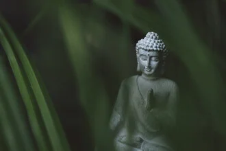 Buddha statue in green grass, calming atmosphere, soft colors.