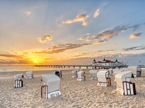 Photo art by Michael Valjak: Ahlbeck pier at sunrise over the sea