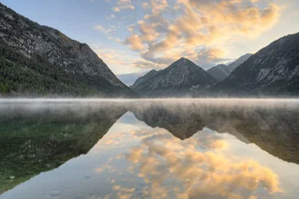 Photo art by Michael Valjak: calm Heiterwanger Lake in fog at sunrise