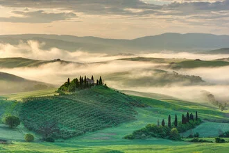Photo art by Michael Valjak: gentle morning mist over the Tuscan fields