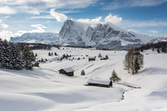Winterlandschaft auf der Seiser Alm, ruhige Schneelandschaft mit sanften Hügeln