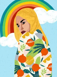 Photo art by Uma Gokhale: woman with a rainbow above the clouds, cheerful mood