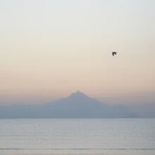 Photo art by Lena Weisbek: gentle sunrise over Mount Athos in Greece