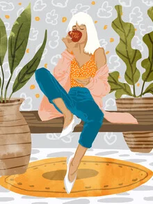 Illustration by Uma Gokhale: stylish woman with coffee cup in a relaxed atmosphere
