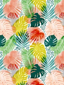 Wall art featuring a hand-drawn tropical garden with palm leaves and vibrant colors