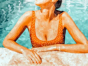 Illustration of a woman by the pool holding a drink, conveying a relaxed summer vibe.
