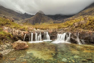 Photo art by Michael Valjak: serene Fairy Pools beneath cloud-covered mountains