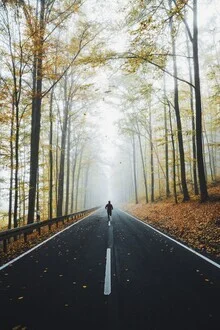 Fotokunst von Patrick Monatsberger: Junge läuft auf einer nebligen Straße durch den Wald