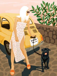 Wall art by Uma Gokhale: a woman drives with a bulldog in a Fiat 500.