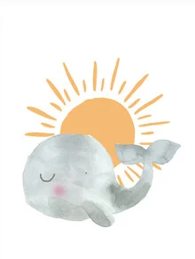 Illustration by Christina Wolff: baby whale swimming under a sunset.