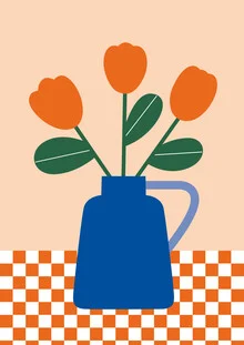 Illustration by Susann Stefanizen: colorful tulips in a vase on a checkered background