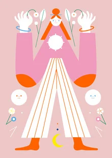 Illustration von Susann Stefanizen: fröhliches Mädchen mit roten Haaren und Blumen im Sommer