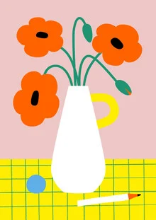 Illustration by Susann Stefanizen: still life with poppies in a white vase.