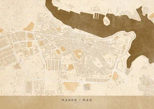 Sepia map of Mahón displaying old city borders and details, evoking a nostalgic mood.