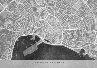 Gray vintage map of Palma de Mallorca featuring intricate details and a nostalgic feel