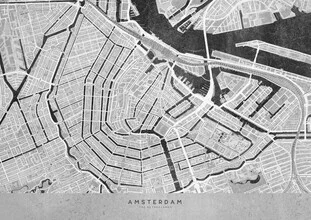 Illustrated map of Amsterdam in gray tones, nostalgic charm and detailed street view.