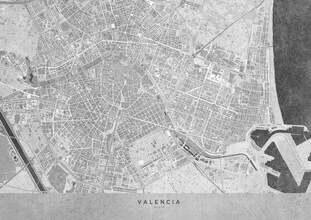 Stylish illustration of a gray vintage map of Valencia, Spain.