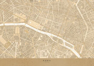 Wall art of a sepia-toned map of Paris with a nostalgic feel.
