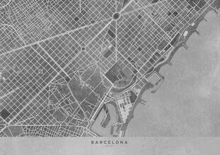 Wall art featuring a stylized map of Barcelona in grayscale