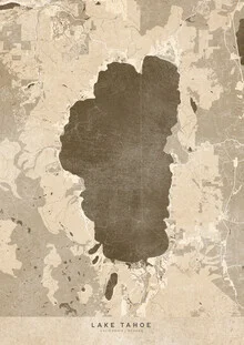 Wall art of a sepia map of Lake Tahoe in vintage style