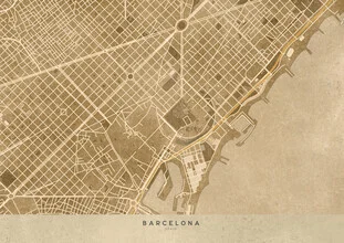 Wall art by Rosana Laiz García: sepia vintage map of Barcelona