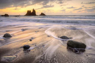 Photo art by Michael Valjak: Playa de Benijo at sunset with waves and rocks.