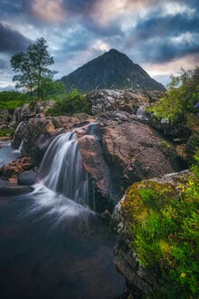 Photo art by Jean Claude Castor: waterfall in Glen Etive, surrounded by Scottish highlands.