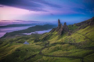 Photo art by Jean Claude Castor: cliff landscape on the Isle of Skye at sunrise.