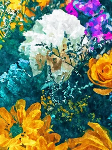 Photo art: Dark floral composition featuring roses in purple, yellow, and white.