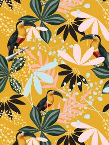 Illustration of a colorful toucan in a tropical garden
