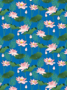 Illustration by Uma Gokhale: gentle depiction of lotus flowers in vibrant colors