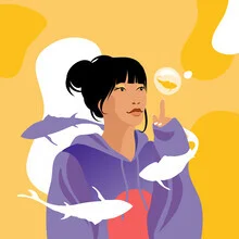 Illustration of a girl with fishes in soft colors, conveying a dreamy mood.