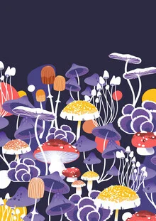 Wall art featuring colorful mushrooms in a magical forest, gentle colors and playful shapes
